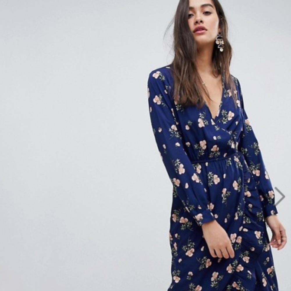 ASOS Influence Floral Midi Wrap Dress With Ruffle